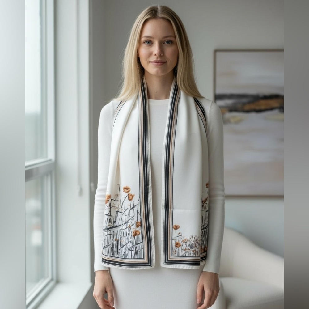 Satin White Floral Scarf with Striped Border
